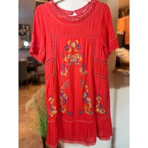 Brass & Roe Orange Short Sleeve Boho Floral Embroidered Crochet Trim Dress M